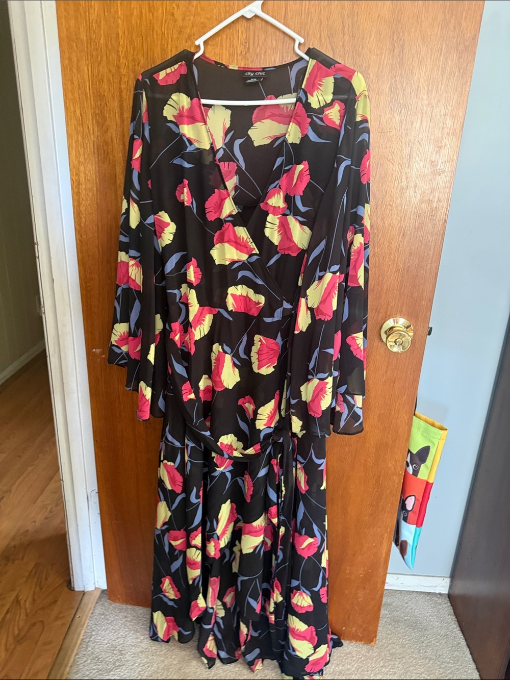 City Chic Black Floral Wrap Dress with Yellow & Pink Blooms